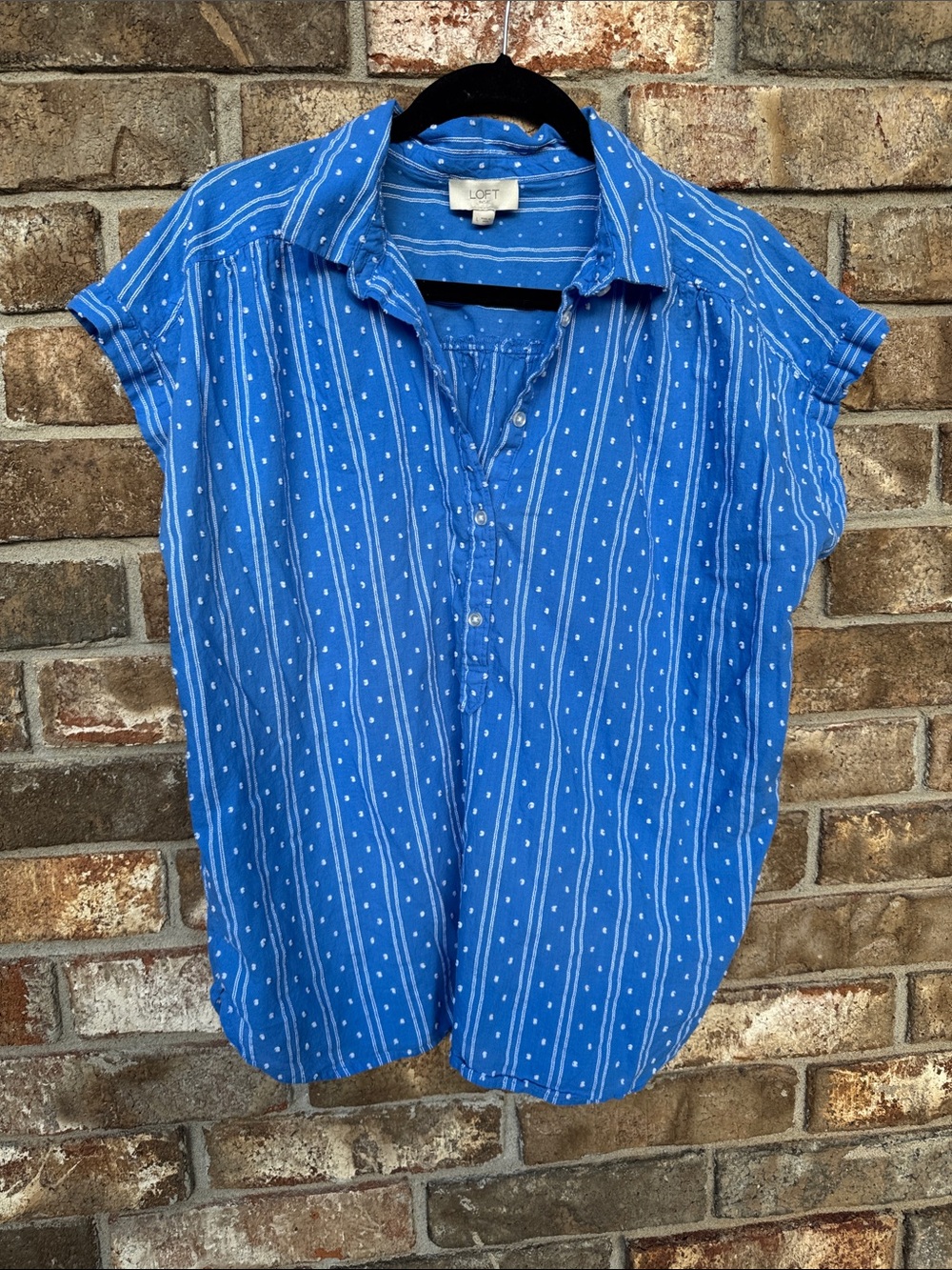 LOFT Blue Striped Dot Henley Button-Front Shirt size Large